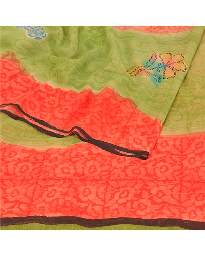 Sanskriti Vintage Green Sarees 100% Pure Georgette Printed Sari 5Yd Craft Fabric, PRG-9947-Green &amp; Orange-Printed Floral Design-Pure Georgette Silk-10