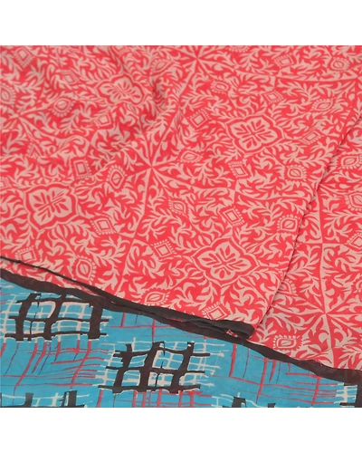 Sanskriti Vintage Red Sarees 100% Pure Georgette Printed 5Yd Sari Craft Fabric, PRG-9953-Red-Printed Abstract Design-Pure Georgette Silk-9