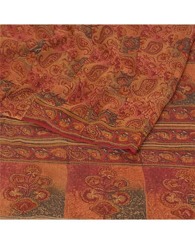 Sanskriti Vintage Brown Sarees 100% Pure Georgette Printed 5Yd Sari Craft Fabric, PRG-9954-Brown-Printed Floral Design-Pure Georgette Silk-7