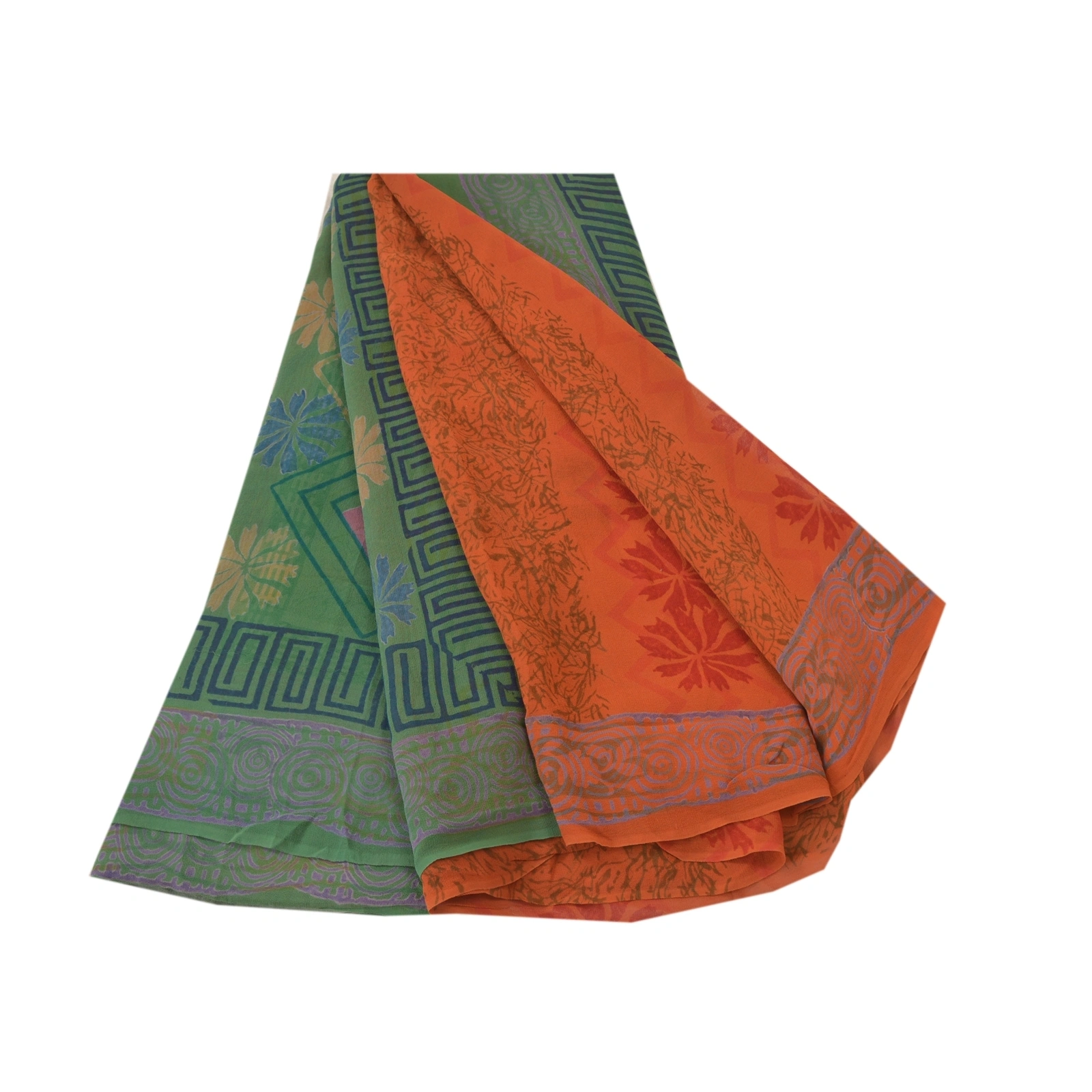 Sanskriti Vintage Green &amp; Orange Sarees 100% Pure Georgette Printed Sari Craft, PRG-9955-Green &amp; Orange-Printed Floral Design-Pure Georgette Silk-2