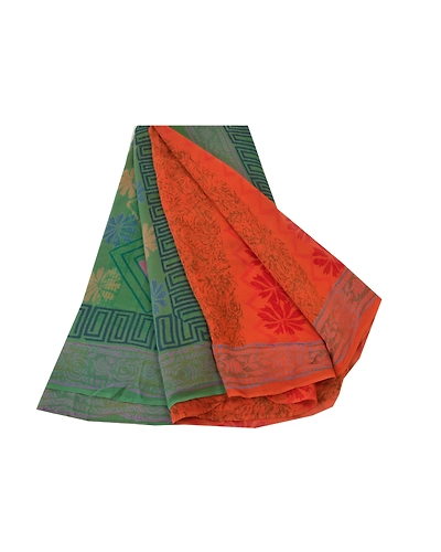 Sanskriti Vintage Green &amp; Orange Sarees 100% Pure Georgette Printed Sari Craft, PRG-9955-Green &amp; Orange-Printed Floral Design-Pure Georgette Silk-2