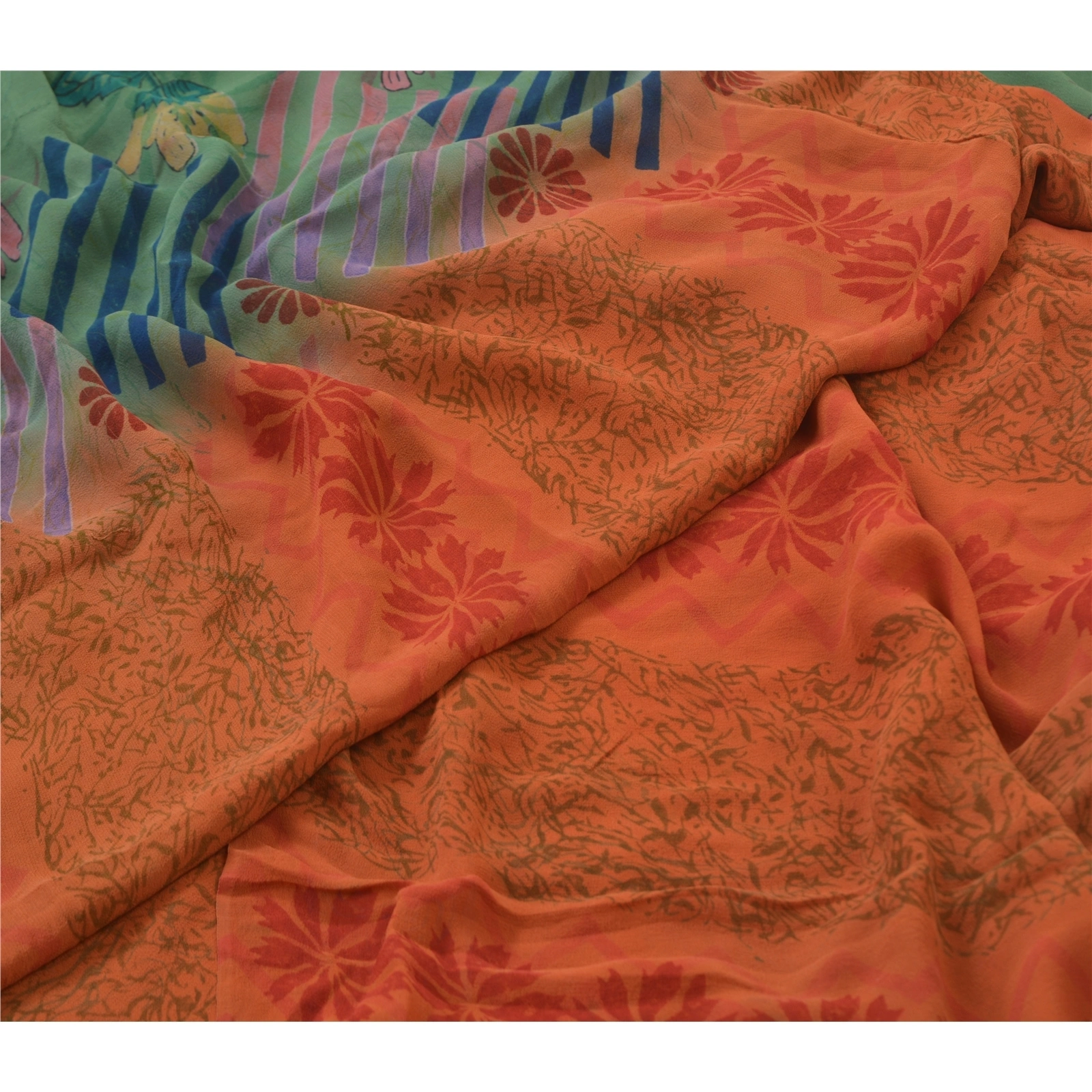 Sanskriti Vintage Green &amp; Orange Sarees 100% Pure Georgette Printed Sari Craft, PRG-9955-Green &amp; Orange-Printed Floral Design-Pure Georgette Silk-3