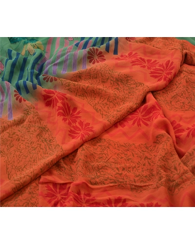 Sanskriti Vintage Green &amp; Orange Sarees 100% Pure Georgette Printed Sari Craft, PRG-9955-Green &amp; Orange-Printed Floral Design-Pure Georgette Silk-3