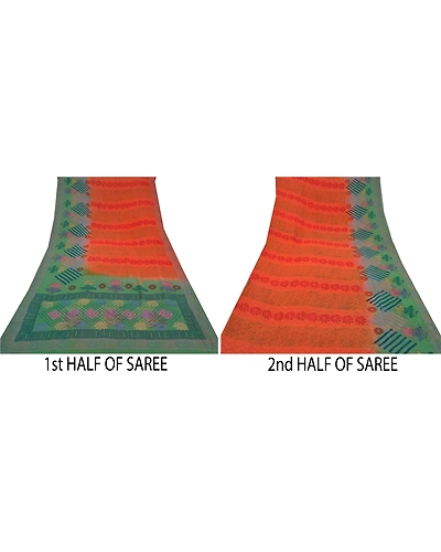 Sanskriti Vintage Green &amp; Orange Sarees 100% Pure Georgette Printed Sari Craft, PRG-9955-Green &amp; Orange-Printed Floral Design-Pure Georgette Silk-6