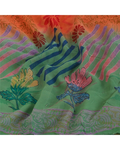 Sanskriti Vintage Green &amp; Orange Sarees 100% Pure Georgette Printed Sari Craft, PRG-9955-Green &amp; Orange-Printed Floral Design-Pure Georgette Silk-7