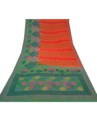 Sanskriti Vintage Green &amp; Orange Sarees 100% Pure Georgette Printed Sari Craft, PRG-9955-Green &amp; Orange-Printed Floral Design-Pure Georgette Silk-9