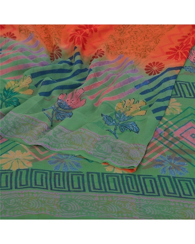 Sanskriti Vintage Green &amp; Orange Sarees 100% Pure Georgette Printed Sari Craft, PRG-9955-Green &amp; Orange-Printed Floral Design-Pure Georgette Silk-10