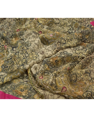 Sanskriti Vintage Green Sarees 100% Pure Georgette Printed Sari Craft Fabric, PRG-9960-Green-Printed Floral Design-Pure Georgette Silk-3