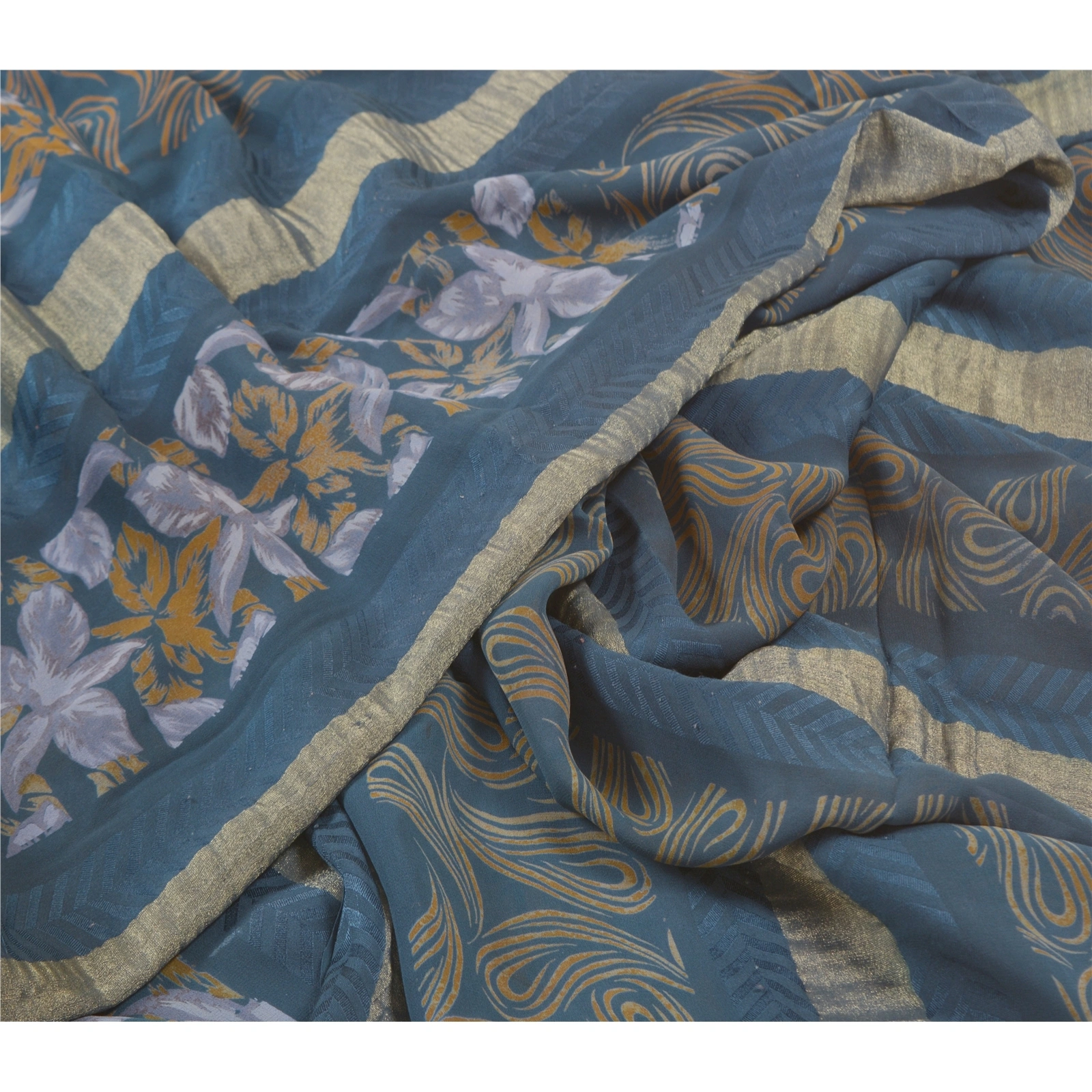 Sanskriti Vintage Blue Sarees 100% Pure Georgette Printed Sari Craft Fabric, PRG-9977-Blue-Printed Floral Design-Pure Georgette Silk-3