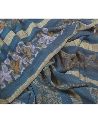 Sanskriti Vintage Blue Sarees 100% Pure Georgette Printed Sari Craft Fabric, PRG-9977-Blue-Printed Floral Design-Pure Georgette Silk-3