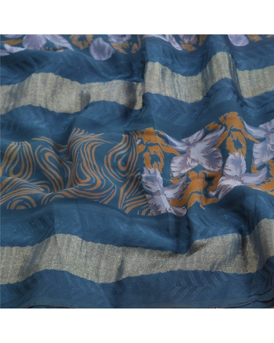 Sanskriti Vintage Blue Sarees 100% Pure Georgette Printed Sari Craft Fabric, PRG-9977-Blue-Printed Floral Design-Pure Georgette Silk-7
