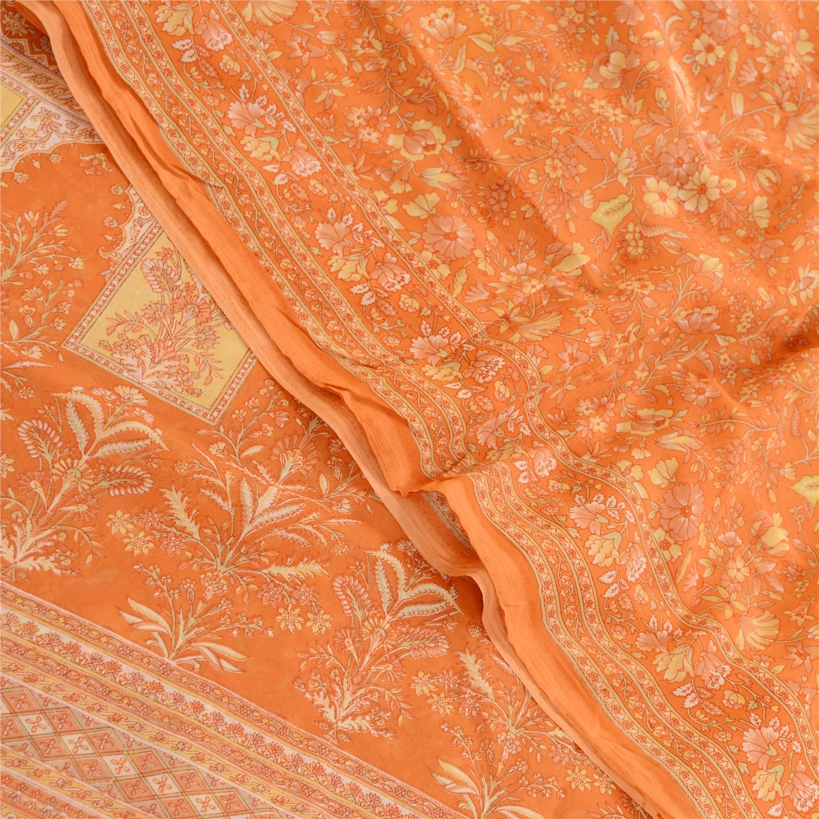 Sanskriti Vintage Indian Orange Sarees Georgette Printed Sari 5Yd Craft Fabric, PRG-11303-Orange-Printed Floral Design-Poly Georgette-1