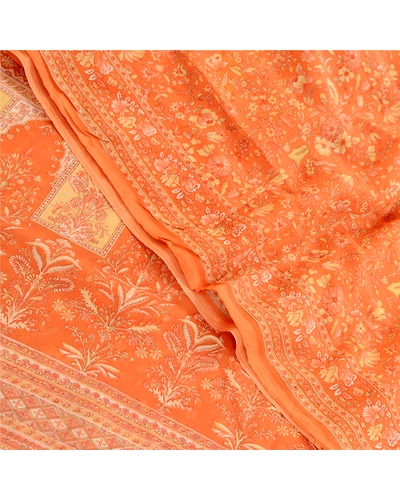 Sanskriti Vintage Indian Orange Sarees Georgette Printed Sari 5Yd Craft Fabric, PRG-11303-Orange-Printed Floral Design-Poly Georgette-1