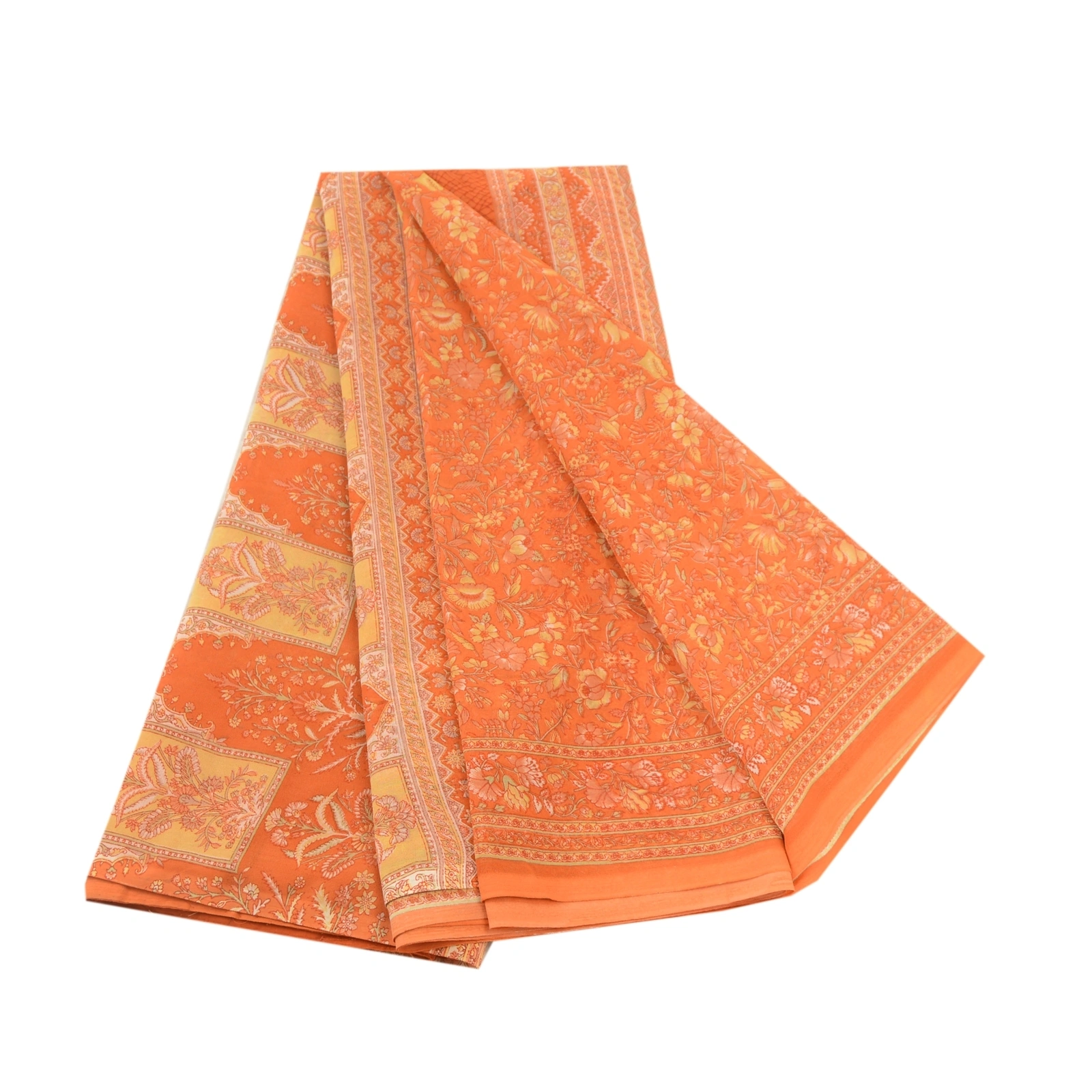 Sanskriti Vintage Indian Orange Sarees Georgette Printed Sari 5Yd Craft Fabric, PRG-11303-Orange-Printed Floral Design-Poly Georgette-2