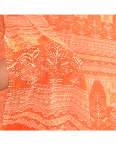 Sanskriti Vintage Indian Orange Sarees Georgette Printed Sari 5Yd Craft Fabric, PRG-11303-Orange-Printed Floral Design-Poly Georgette-4