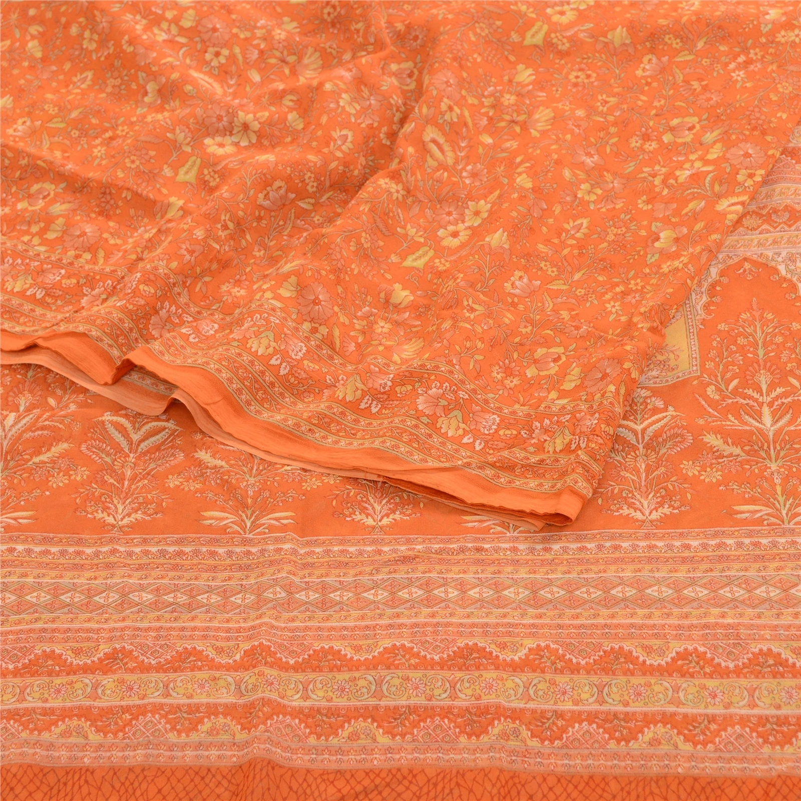 Sanskriti Vintage Indian Orange Sarees Georgette Printed Sari 5Yd Craft Fabric, PRG-11303-Orange-Printed Floral Design-Poly Georgette-7