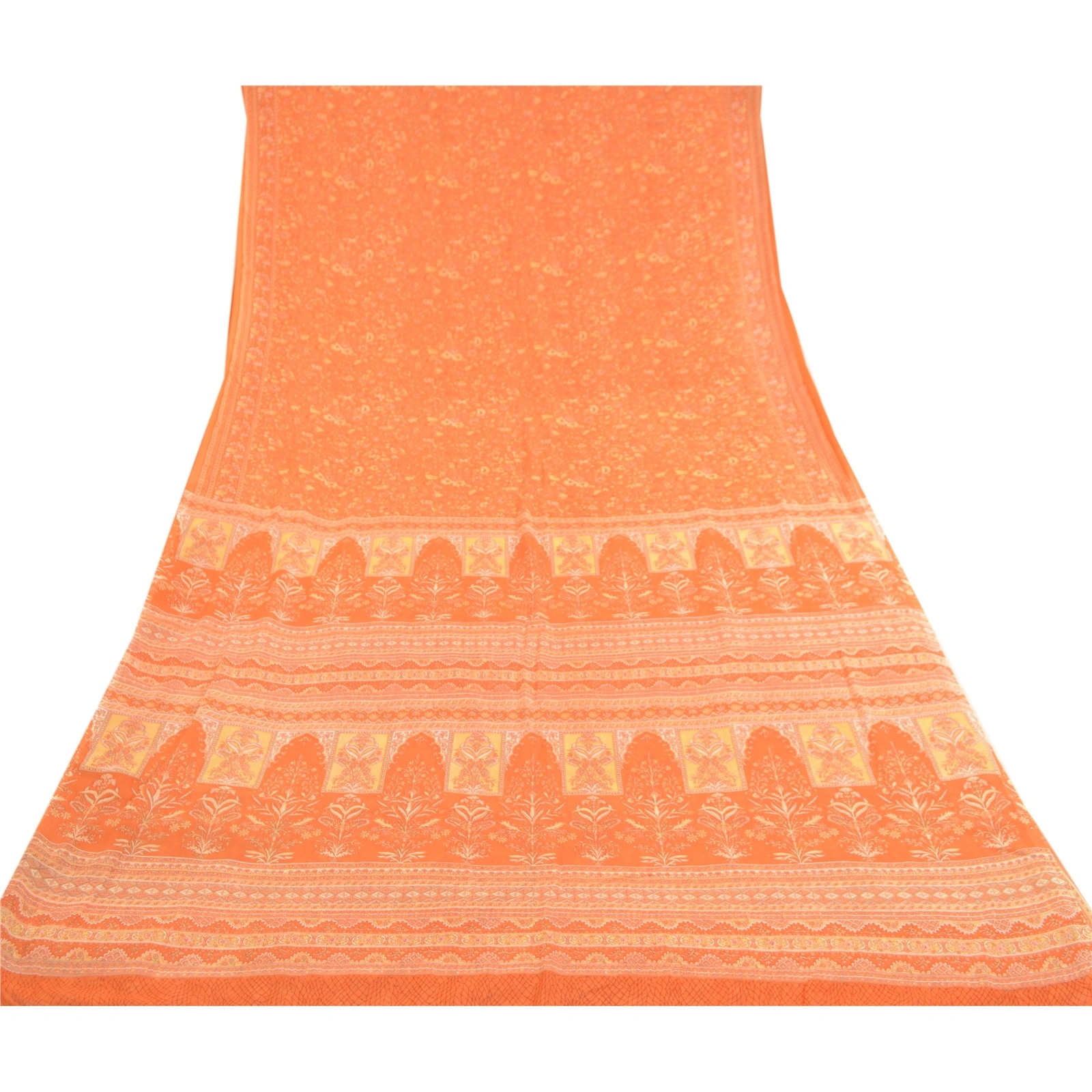 Sanskriti Vintage Indian Orange Sarees Georgette Printed Sari 5Yd Craft Fabric, PRG-11303-Orange-Printed Floral Design-Poly Georgette-8