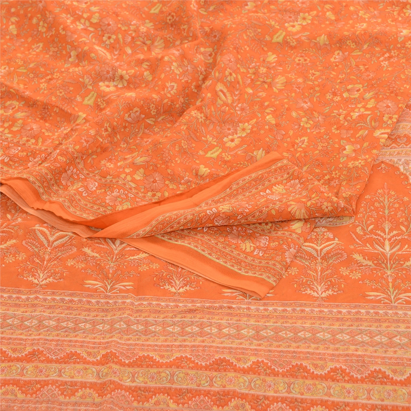 Sanskriti Vintage Indian Orange Sarees Georgette Printed Sari 5Yd Craft Fabric, PRG-11303-Orange-Printed Floral Design-Poly Georgette-9