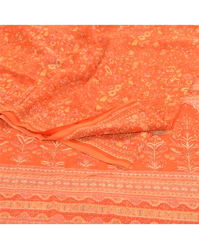 Sanskriti Vintage Indian Orange Sarees Georgette Printed Sari 5Yd Craft Fabric, PRG-11303-Orange-Printed Floral Design-Poly Georgette-9