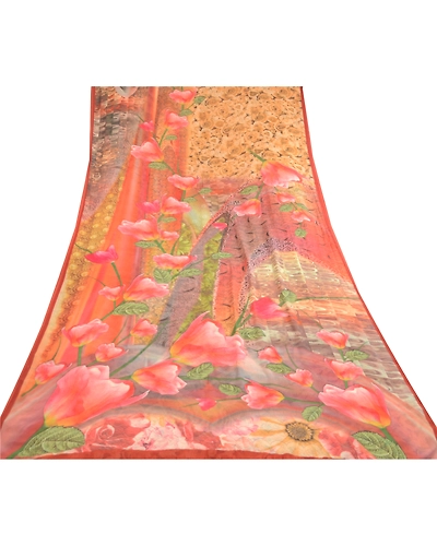 Sanskriti Vintage Multi Sarees Digital Printed Georgette Sari 5Yd Craft Fabric, PRG-11305-Multi-Printed Floral Design-Poly Georgette-8