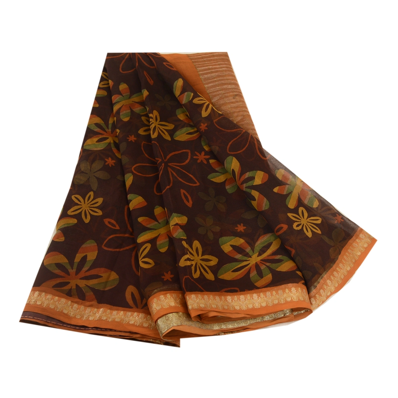 Sanskriti Vintage Sarees Brown Printed Zari Work Pure Georgette Silk Sari Fabric, PRG-11318-Brown-Printed Floral Design-Pure Georgette Silk-2