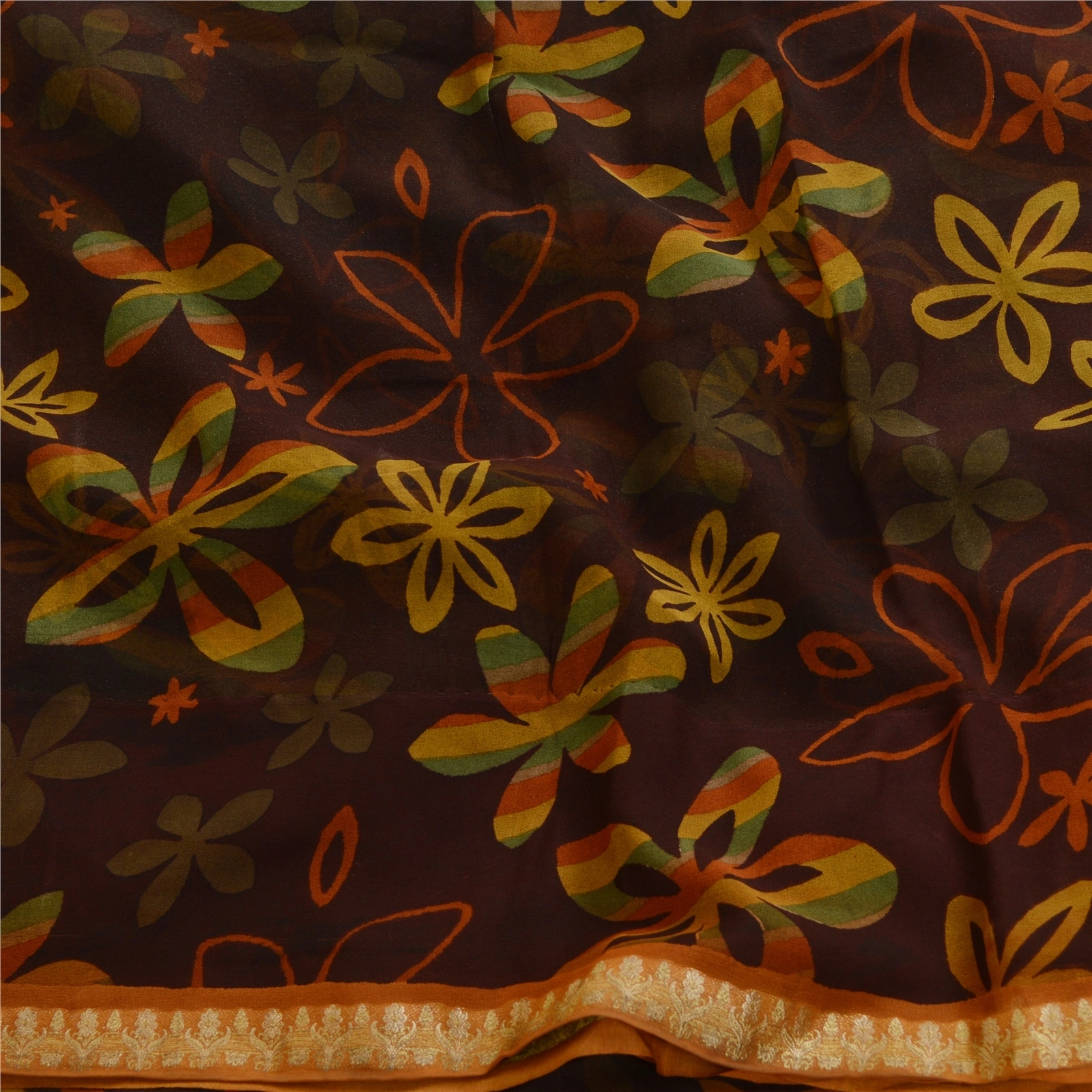 Sanskriti Vintage Sarees Brown Printed Zari Work Pure Georgette Silk Sari Fabric, PRG-11318-Brown-Printed Floral Design-Pure Georgette Silk-6