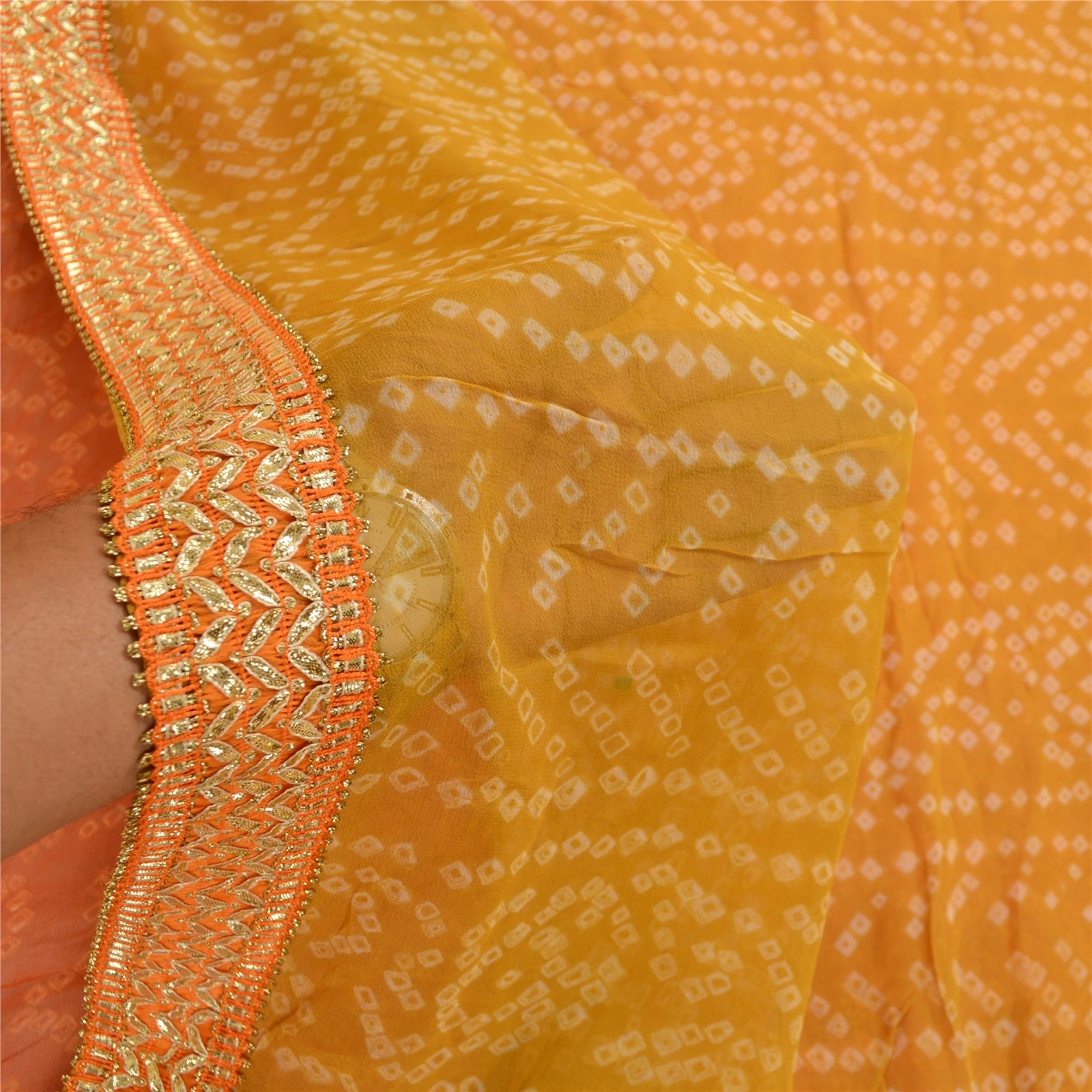 Sanskriti Vintage Sarees Bandhani Printed Orange Pure Georgette Silk Sari Fabric, PRG-11320-Orange-Printed Floral Design-Pure Georgette Silk-5