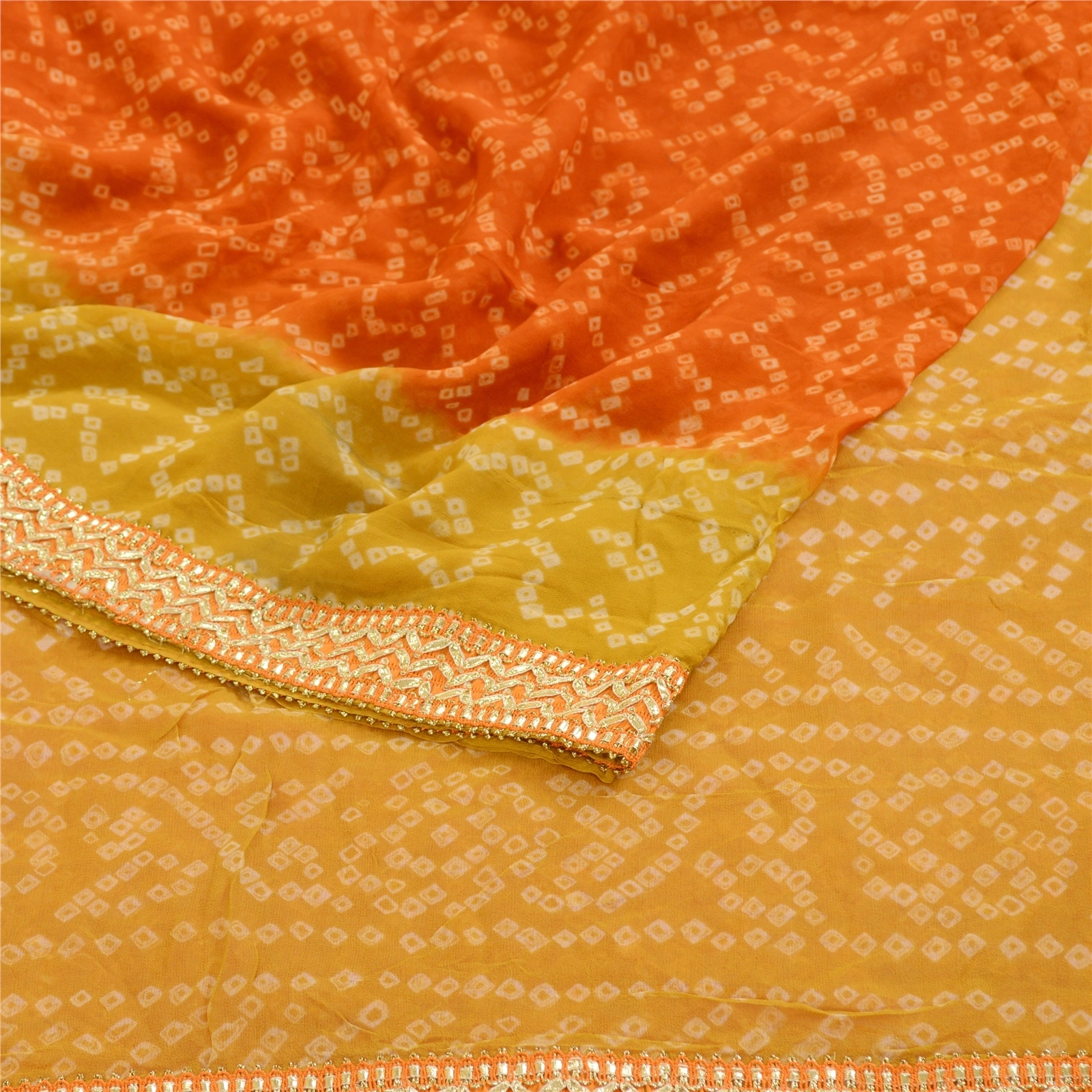 Sanskriti Vintage Sarees Bandhani Printed Orange Pure Georgette Silk Sari Fabric, PRG-11320-Orange-Printed Floral Design-Pure Georgette Silk-8