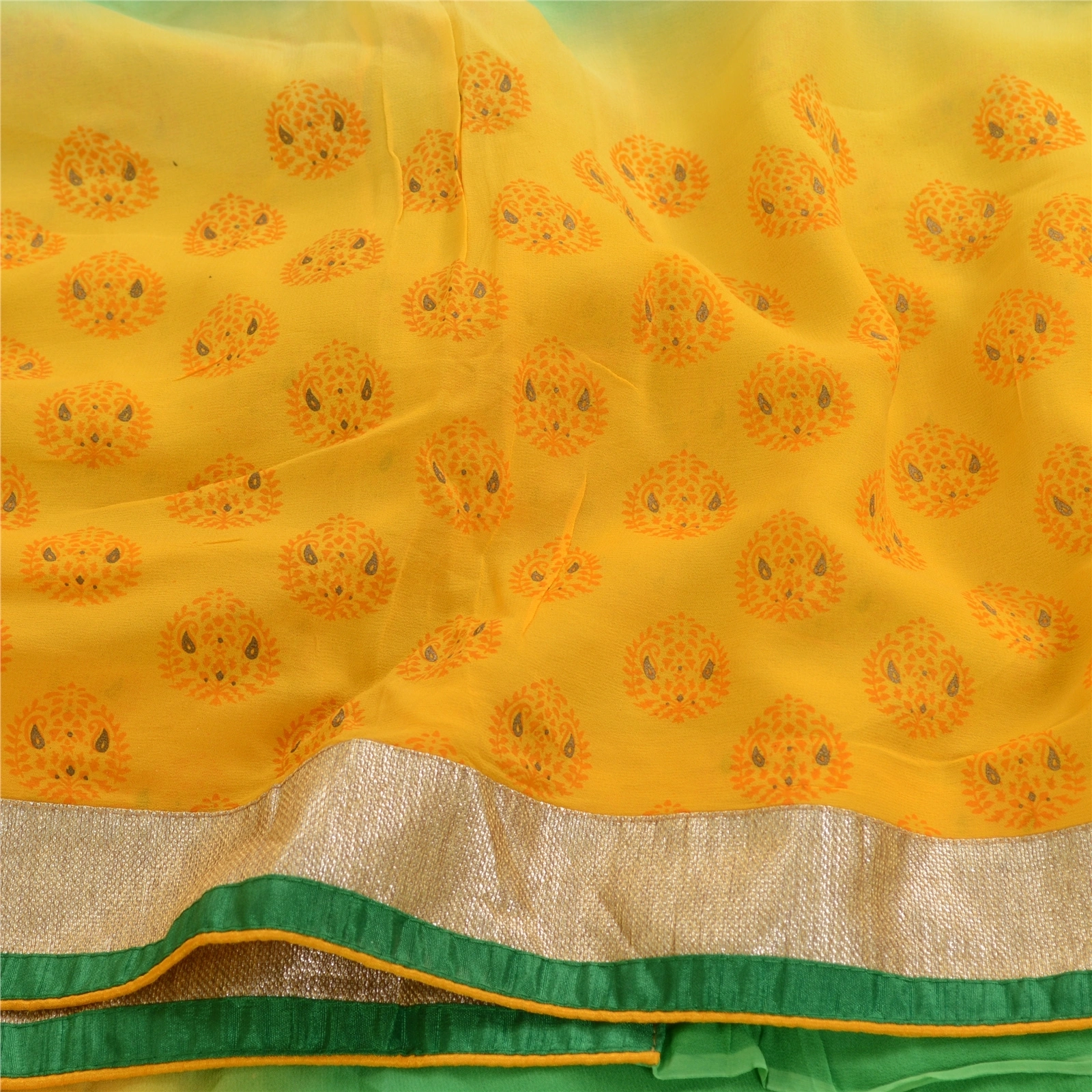 Sanskriti Vintage Sarees Print Embroidered Green Pure Georgette Silk Sari Fabric, PRG-11332-Green-Printed Floral Design-Pure Georgette Silk-6