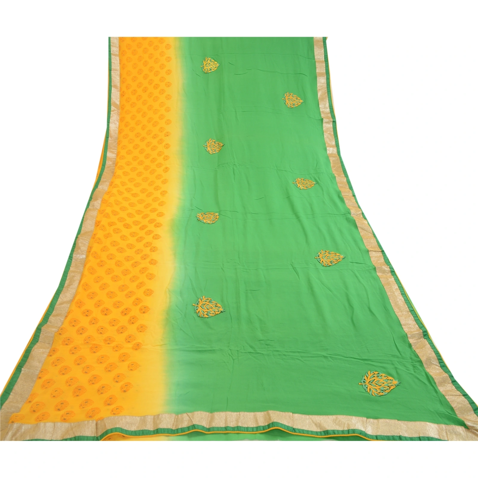 Sanskriti Vintage Sarees Print Embroidered Green Pure Georgette Silk Sari Fabric, PRG-11332-Green-Printed Floral Design-Pure Georgette Silk-8