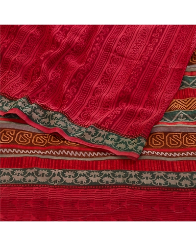 Sanskriti Vintage Sarees Dark Red Pure Georgette Silk Printed Sari Craft Fabric, PRG-11344-Dark Red-Printed Floral Design-Pure Georgette Silk-7