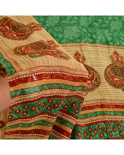 Sanskriti Vintage Sarees Green Pure Georgette Silk Printed Sari 5Yd Craft Fabric, PRG-11368-Greee-Printed Floral Design-Pure Georgette Silk-4