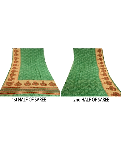 Sanskriti Vintage Sarees Green Pure Georgette Silk Printed Sari 5Yd Craft Fabric, PRG-11368-Greee-Printed Floral Design-Pure Georgette Silk-5