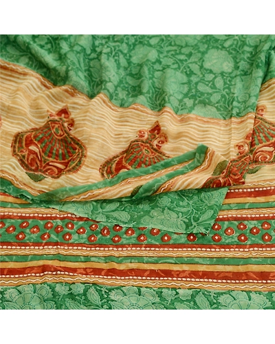 Sanskriti Vintage Sarees Green Pure Georgette Silk Printed Sari 5Yd Craft Fabric, PRG-11368-Greee-Printed Floral Design-Pure Georgette Silk-7