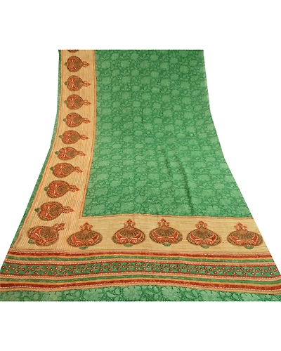 Sanskriti Vintage Sarees Green Pure Georgette Silk Printed Sari 5Yd Craft Fabric, PRG-11368-Greee-Printed Floral Design-Pure Georgette Silk-8