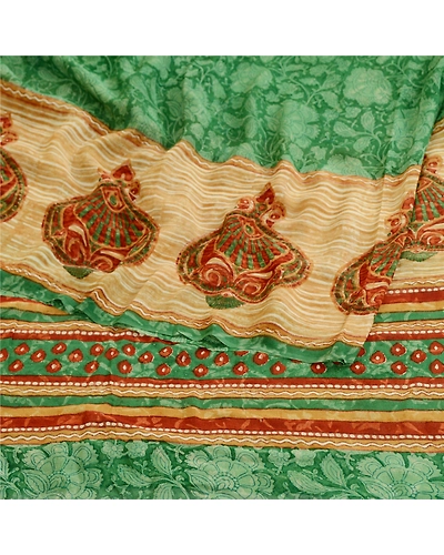 Sanskriti Vintage Sarees Green Pure Georgette Silk Printed Sari 5Yd Craft Fabric, PRG-11368-Greee-Printed Floral Design-Pure Georgette Silk-9