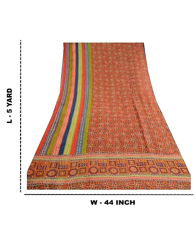 Sanskriti Vintage Sarees Red Pure Georgette Silk Printed Sari Soft Craft Fabric, PRG-11370-Red-Printed Floral Design-Pure Georgette Silk-3