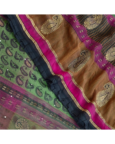 Sanskriti Vintage Green Sarees Hand Beaded Georgette Printed Painted Sari Fabric, PRG-11381-Green-Printed Floral Design-Poly Georgette-1