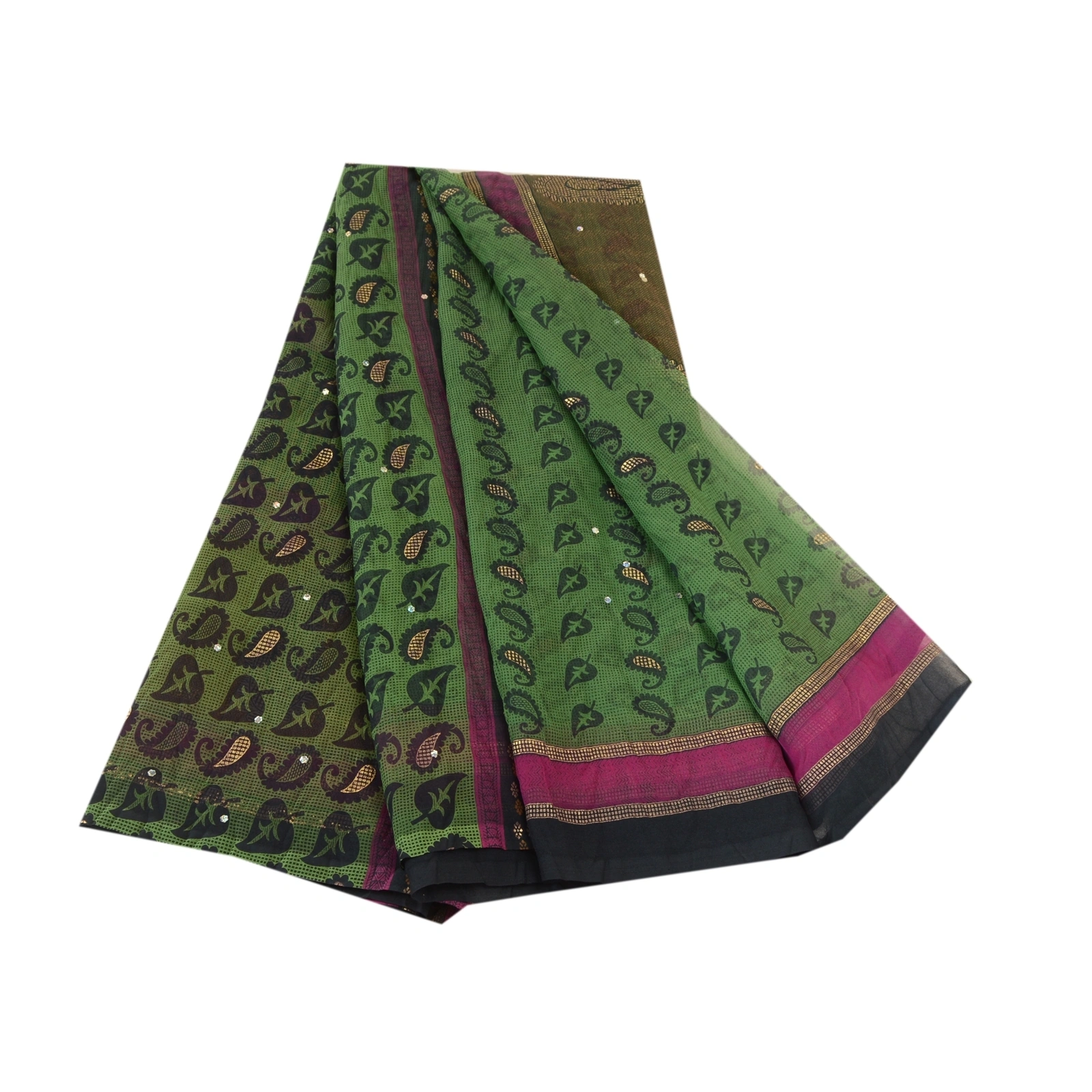 Sanskriti Vintage Green Sarees Hand Beaded Georgette Printed Painted Sari Fabric, PRG-11381-Green-Printed Floral Design-Poly Georgette-2