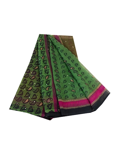 Sanskriti Vintage Green Sarees Hand Beaded Georgette Printed Painted Sari Fabric, PRG-11381-Green-Printed Floral Design-Poly Georgette-2