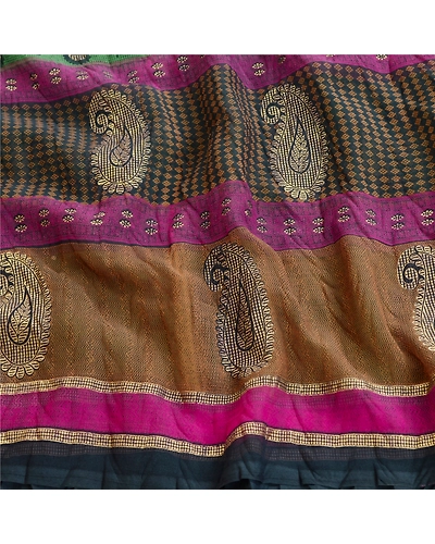 Sanskriti Vintage Green Sarees Hand Beaded Georgette Printed Painted Sari Fabric, PRG-11381-Green-Printed Floral Design-Poly Georgette-6