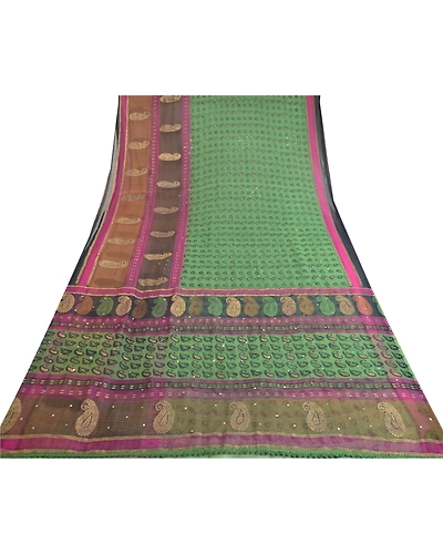 Sanskriti Vintage Green Sarees Hand Beaded Georgette Printed Painted Sari Fabric, PRG-11381-Green-Printed Floral Design-Poly Georgette-8