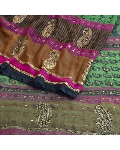 Sanskriti Vintage Green Sarees Hand Beaded Georgette Printed Painted Sari Fabric, PRG-11381-Green-Printed Floral Design-Poly Georgette-9