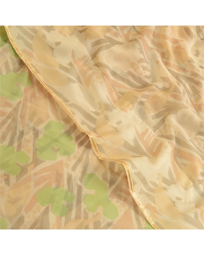 Sanskriti Vintage Sarees Cream Pure Chiffon Silk Printed Zari Border Sari Fabric, PRG-11398-Cream-Printed Floral Design-Pure Chiffon Silk-1