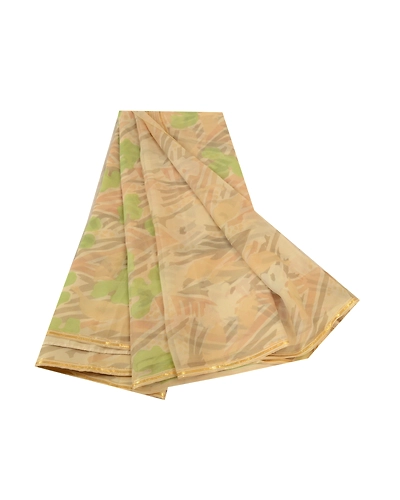 Sanskriti Vintage Sarees Cream Pure Chiffon Silk Printed Zari Border Sari Fabric, PRG-11398-Cream-Printed Floral Design-Pure Chiffon Silk-2