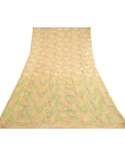 Sanskriti Vintage Sarees Cream Pure Chiffon Silk Printed Zari Border Sari Fabric, PRG-11398-Cream-Printed Floral Design-Pure Chiffon Silk-9