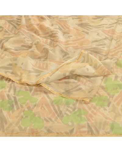 Sanskriti Vintage Sarees Cream Pure Chiffon Silk Printed Zari Border Sari Fabric, PRG-11398-Cream-Printed Floral Design-Pure Chiffon Silk-10