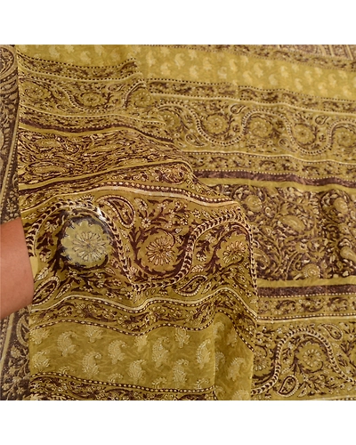 Sanskriti Vintage Brown Sarees Pure Georgette Silk Printed Sari 5Yd Craft Fabric, PRG-11413-Brown And Green-Printed Floral Design-Pure Georgette Silk-4