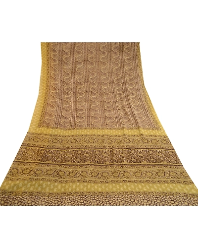 Sanskriti Vintage Brown Sarees Pure Georgette Silk Printed Sari 5Yd Craft Fabric, PRG-11413-Brown And Green-Printed Floral Design-Pure Georgette Silk-8