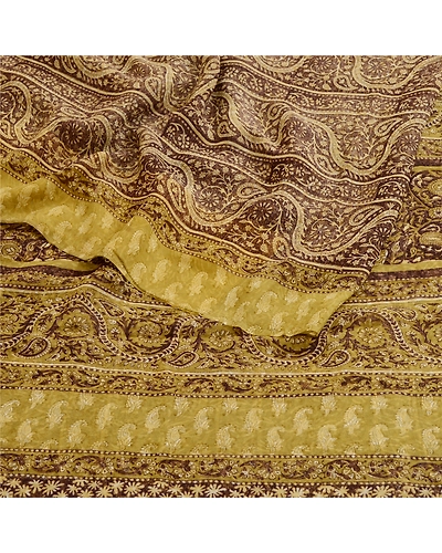 Sanskriti Vintage Brown Sarees Pure Georgette Silk Printed Sari 5Yd Craft Fabric, PRG-11413-Brown And Green-Printed Floral Design-Pure Georgette Silk-9